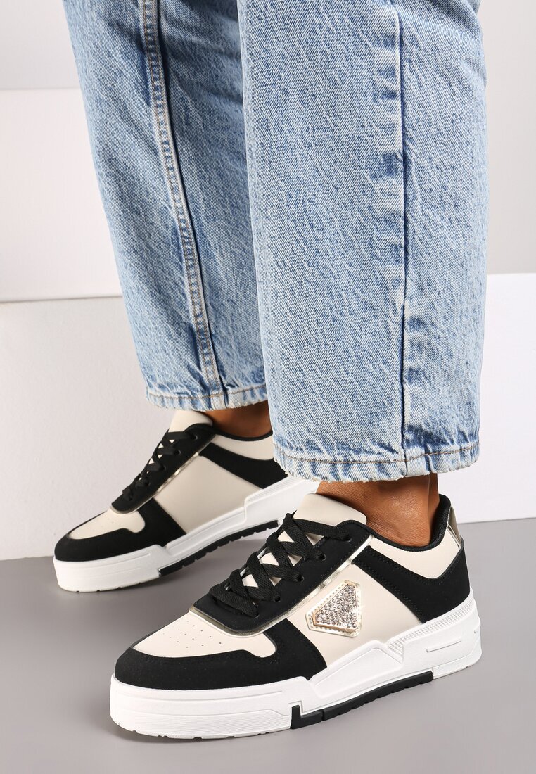  Sneakers Negre cu Talpă Groasă cu Decor Geometric și Zirconii Rexilora