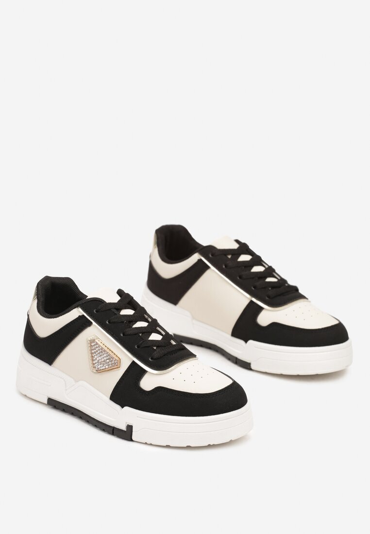  Sneakers Negre cu Talpă Groasă cu Decor Geometric și Zirconii Rexilora