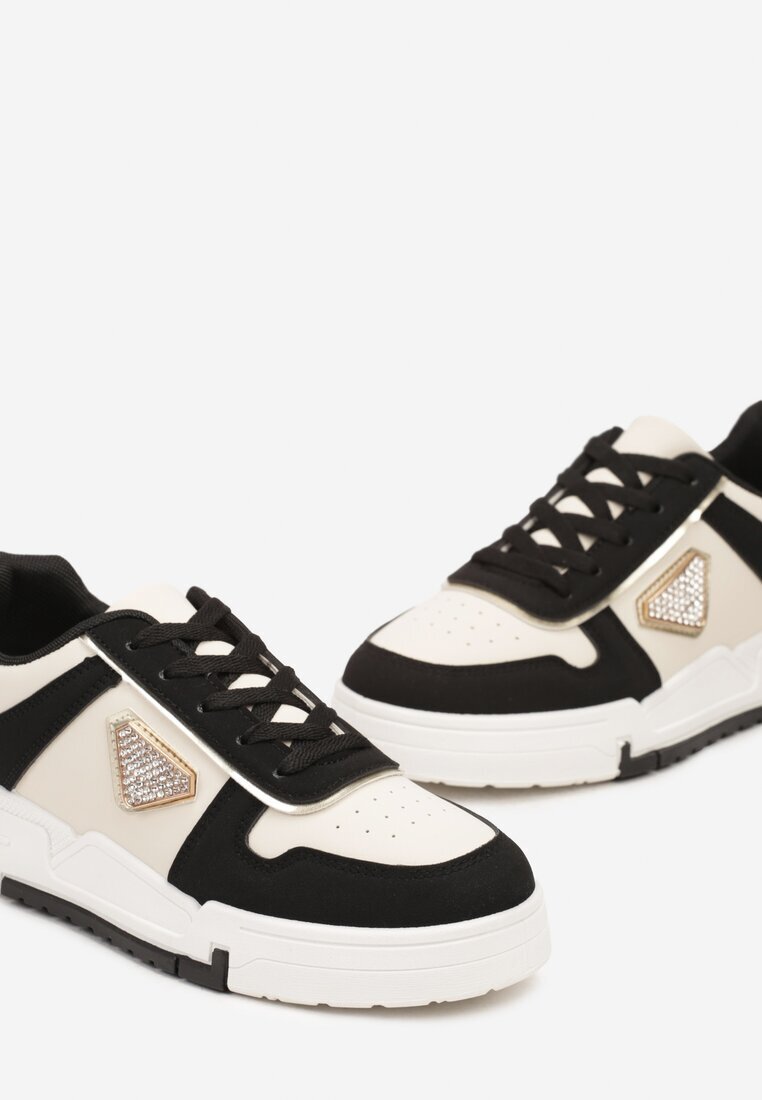  Sneakers Negre cu Talpă Groasă cu Decor Geometric și Zirconii Rexilora