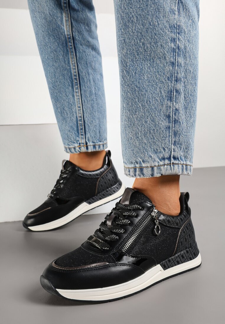  Sneakers Negri cu Fermoar Decorativ și Brant din Piele Hanviera