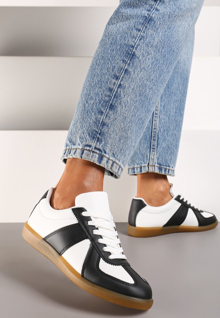  Sneakers Negru-Alb sub Gleznă cu Inserții pe Partea Superioară Uzila