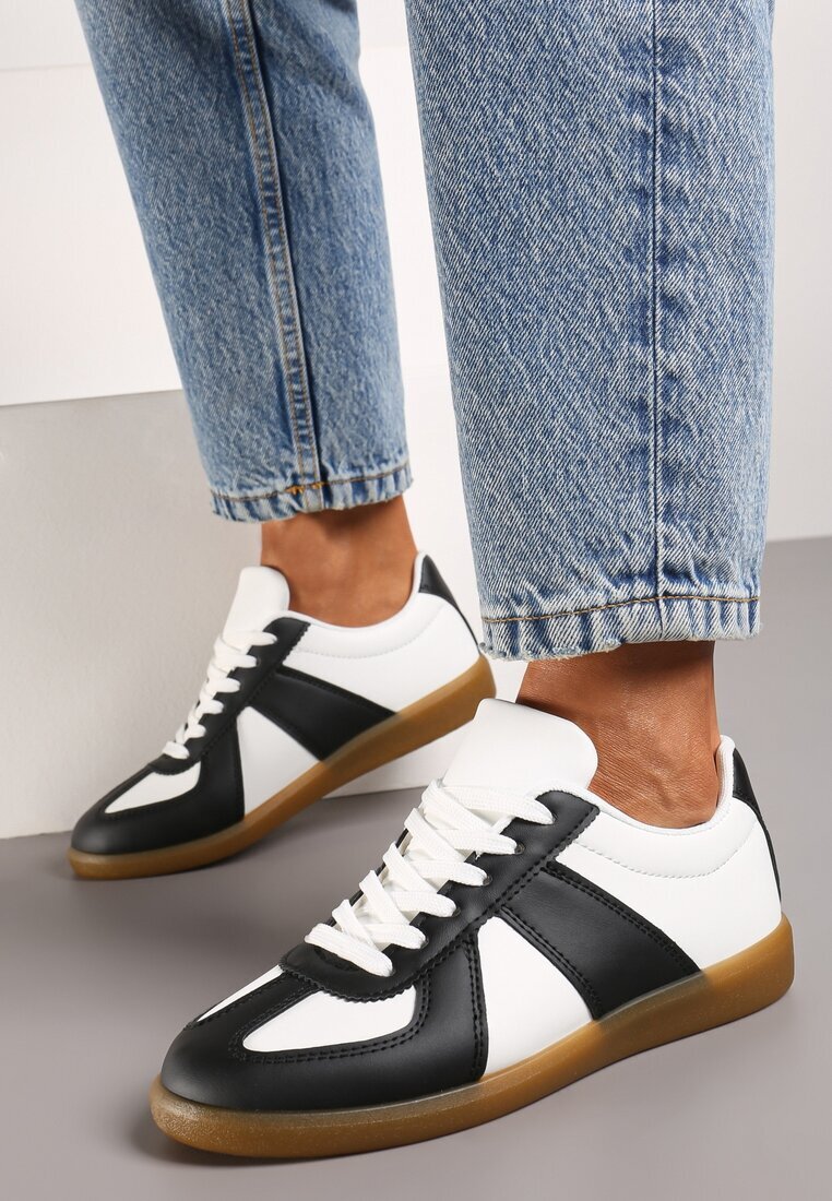  Sneakers Negru-Alb sub Gleznă cu Inserții pe Partea Superioară Uzila