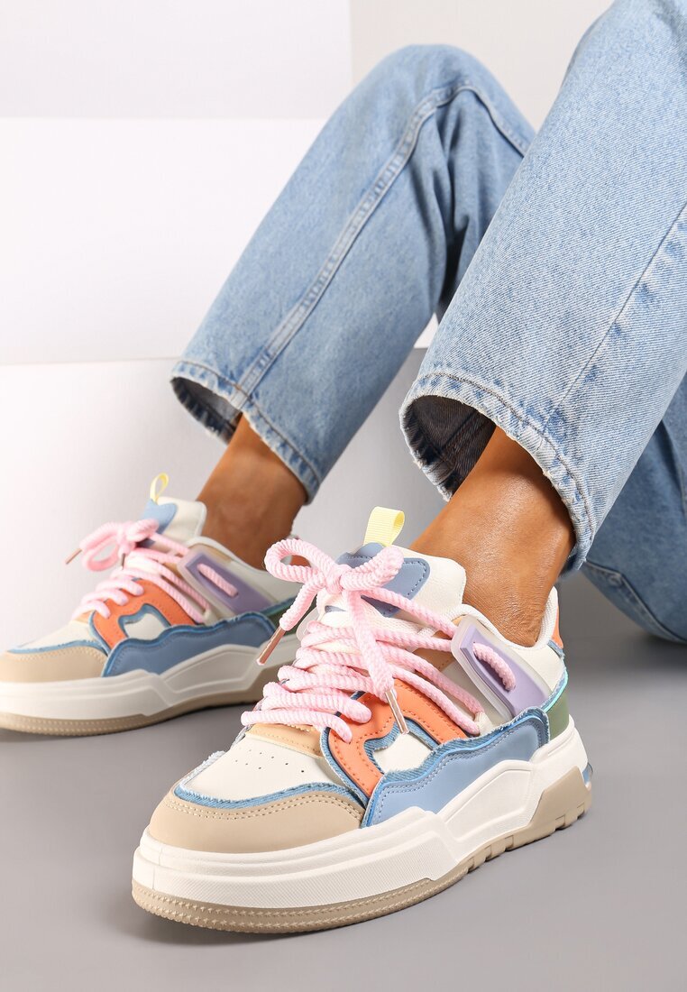  Sneakers Ploate Bej-Roz cu Decor Geometric Evithia