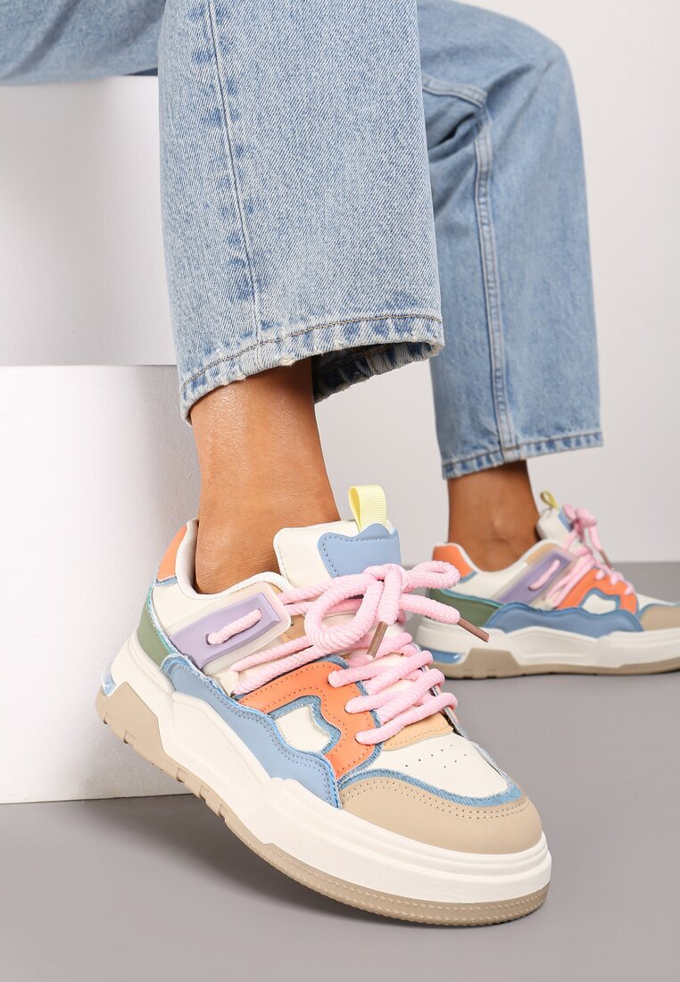  Sneakers Ploate Bej-Roz cu Decor Geometric Evithia