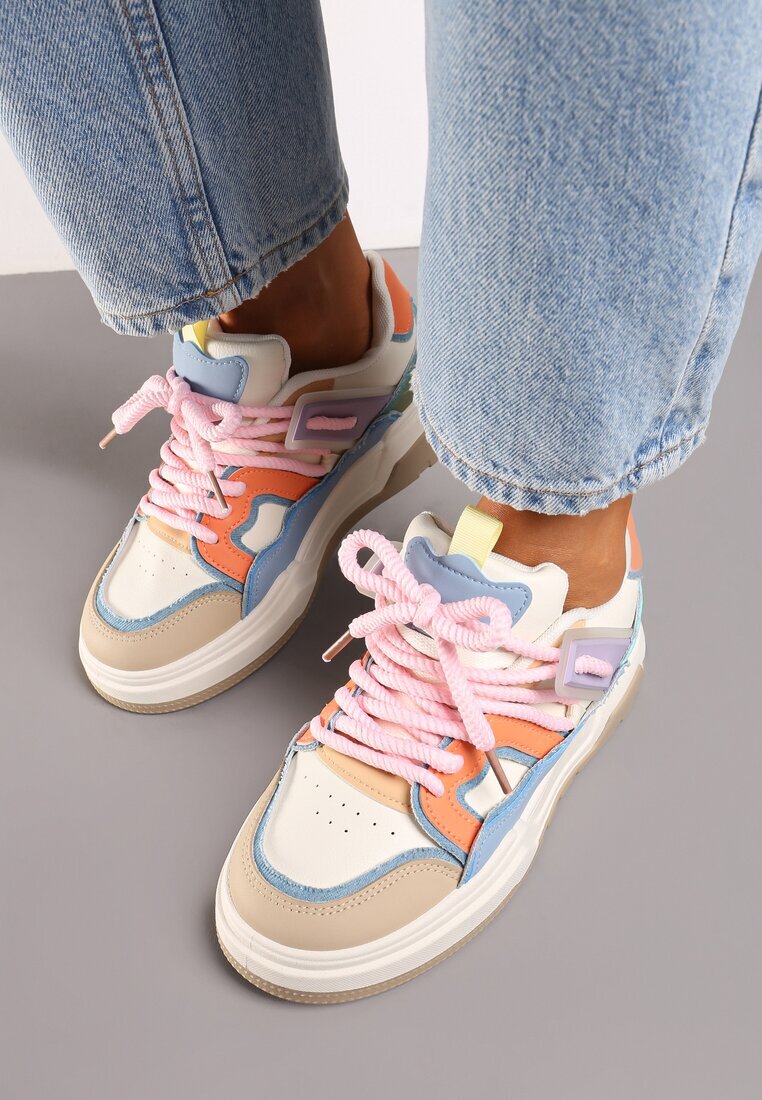  Sneakers Ploate Bej-Roz cu Decor Geometric Evithia