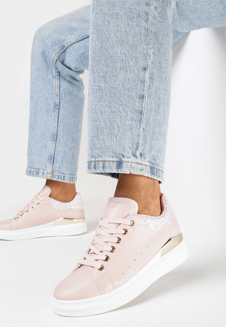  Sneakers roz din Imitație de Piele cu Inserție Metalică și Sclipici Fleuriue