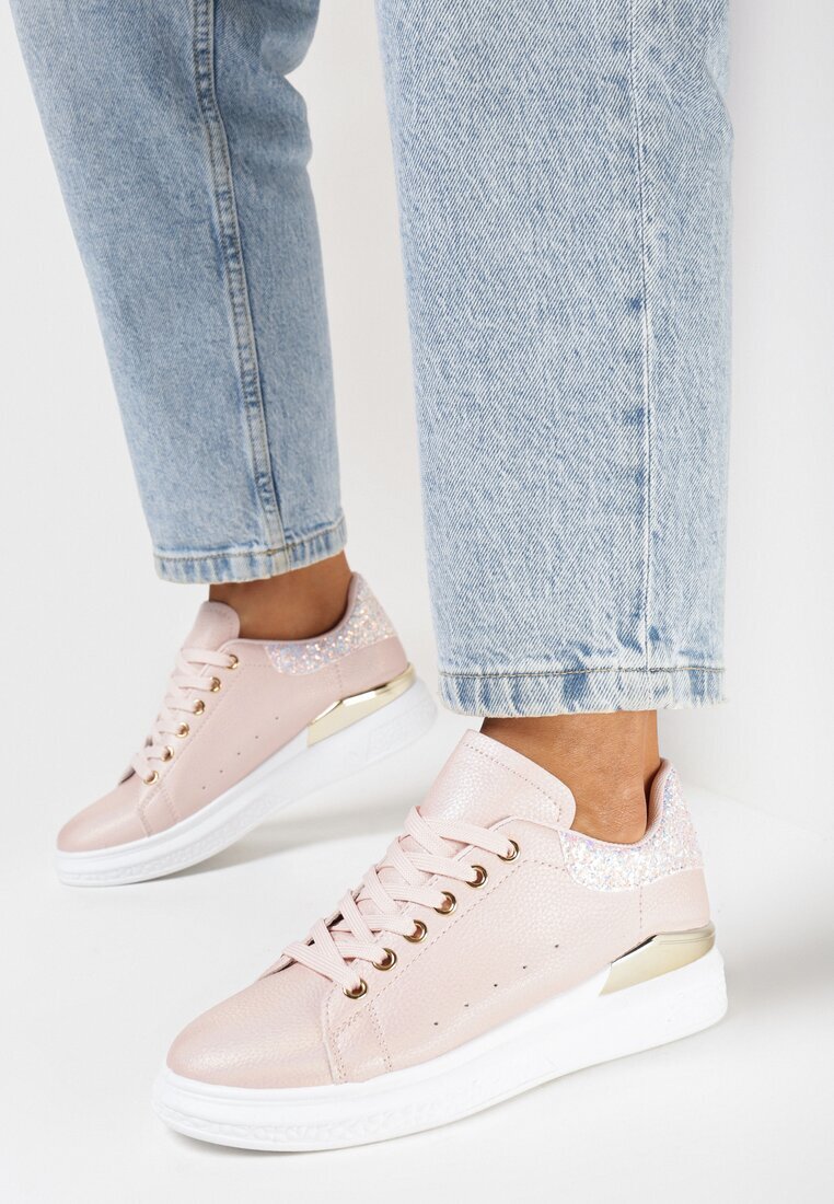  Sneakers roz din Imitație de Piele cu Inserție Metalică și Sclipici Fleuriue