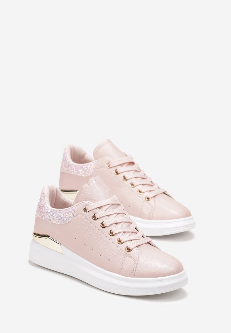  Sneakers roz din Imitație de Piele cu Inserție Metalică și Sclipici Fleuriue