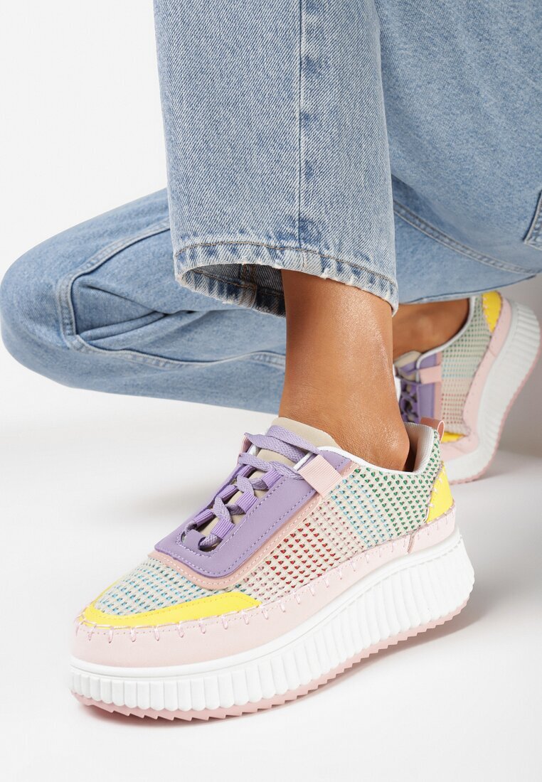  Sneakers roz și violet cu platformă și cusături decorative Wedima