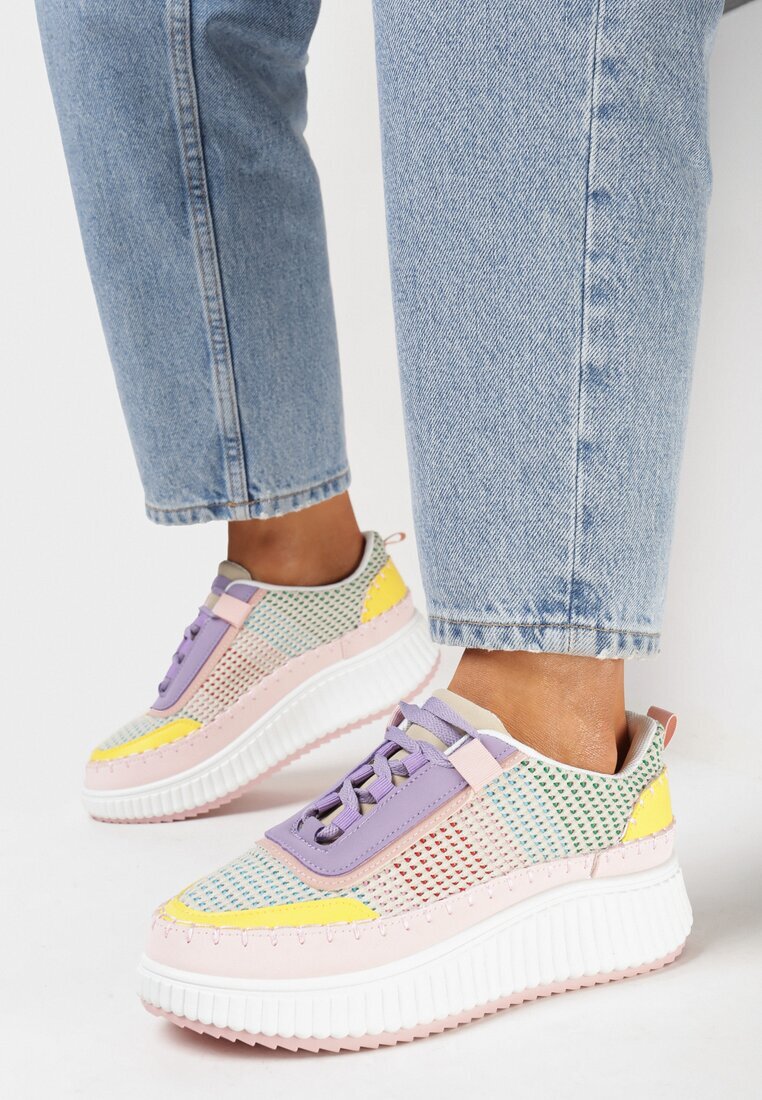  Sneakers roz și violet cu platformă și cusături decorative Wedima