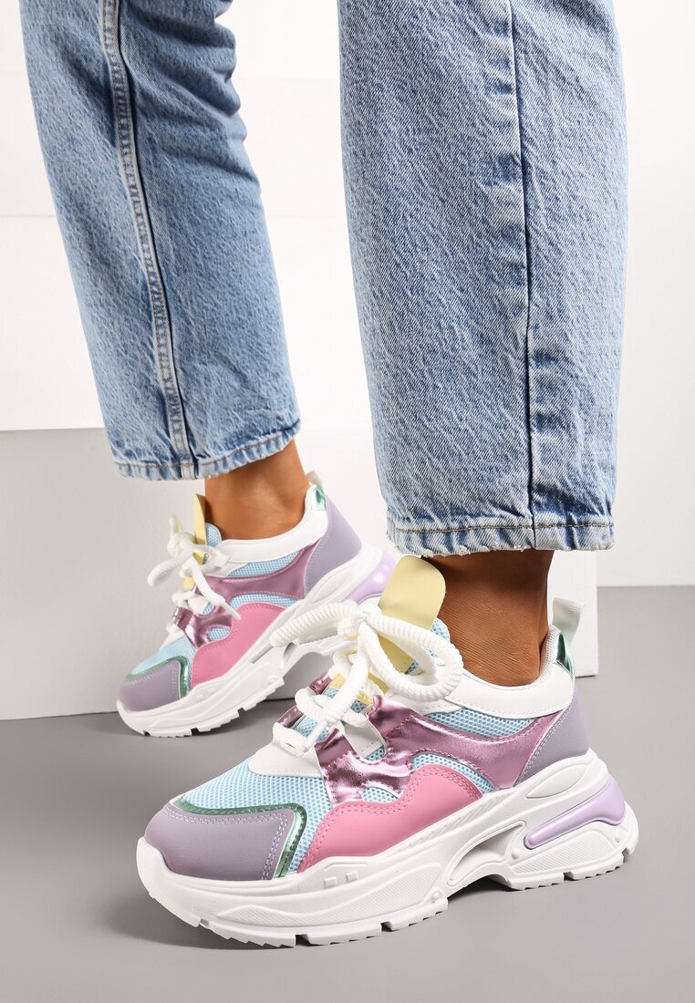  Sneakers Roz-Violet pe Talpă Groasă cu Șireturi Decorative Robella