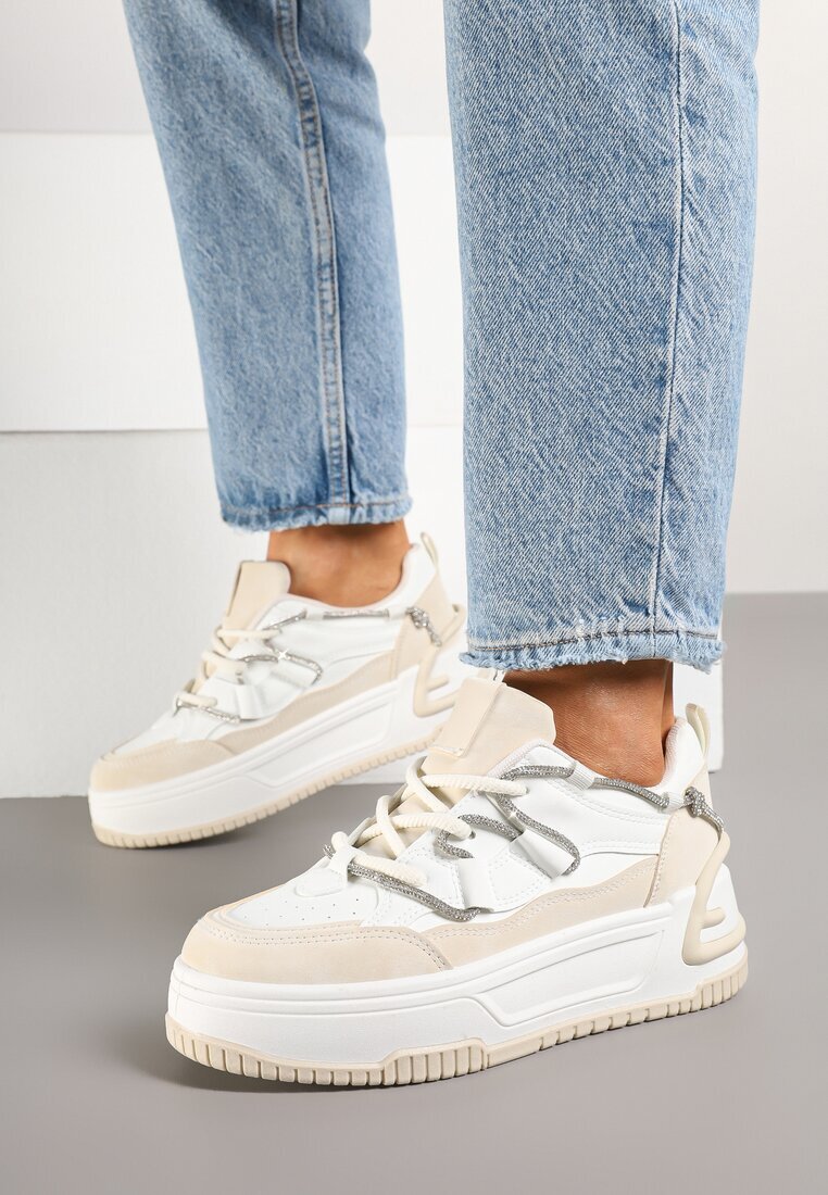  Sneakerși Alb-Bej cu Talpă Groasă Decorat cu Zirconiu Neothra