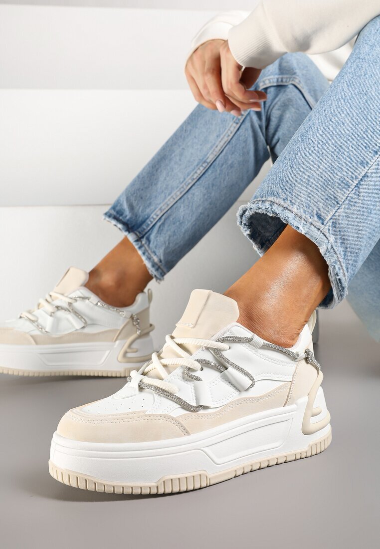  Sneakerși Alb-Bej cu Talpă Groasă Decorat cu Zirconiu Neothra