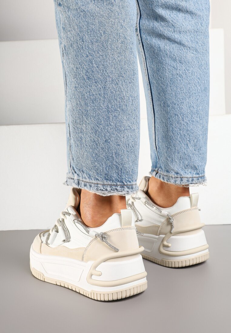  Sneakerși Alb-Bej cu Talpă Groasă Decorat cu Zirconiu Neothra