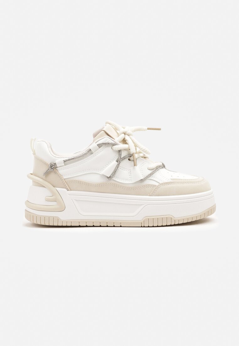  Sneakerși Alb-Bej cu Talpă Groasă Decorat cu Zirconiu Neothra