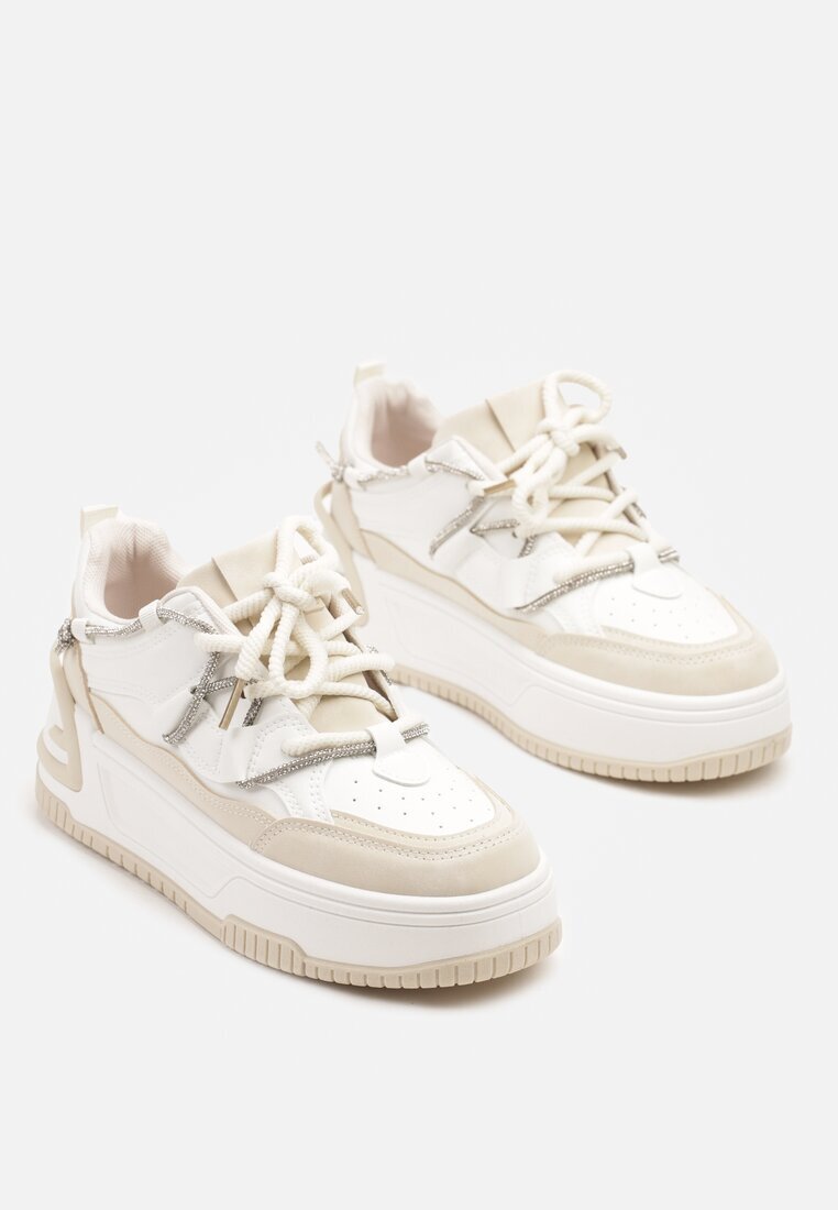  Sneakerși Alb-Bej cu Talpă Groasă Decorat cu Zirconiu Neothra
