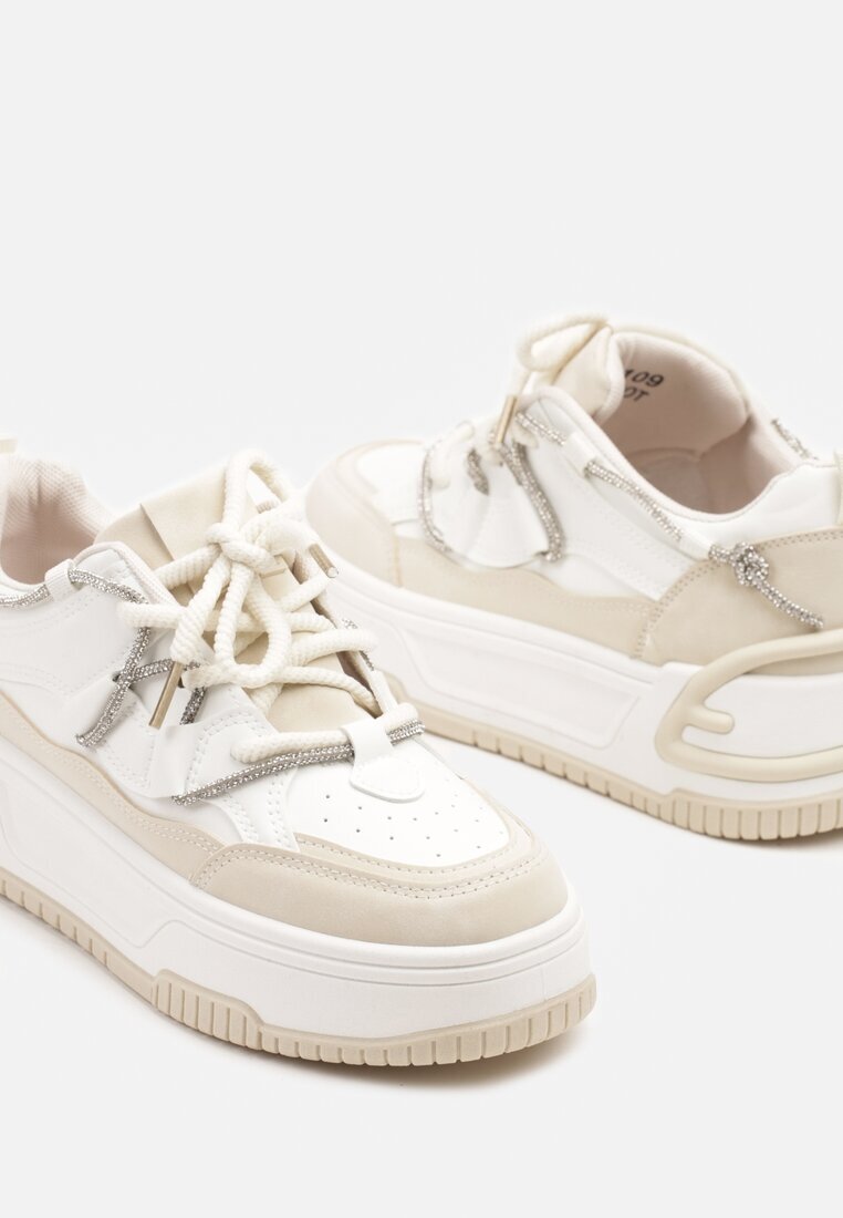  Sneakerși Alb-Bej cu Talpă Groasă Decorat cu Zirconiu Neothra