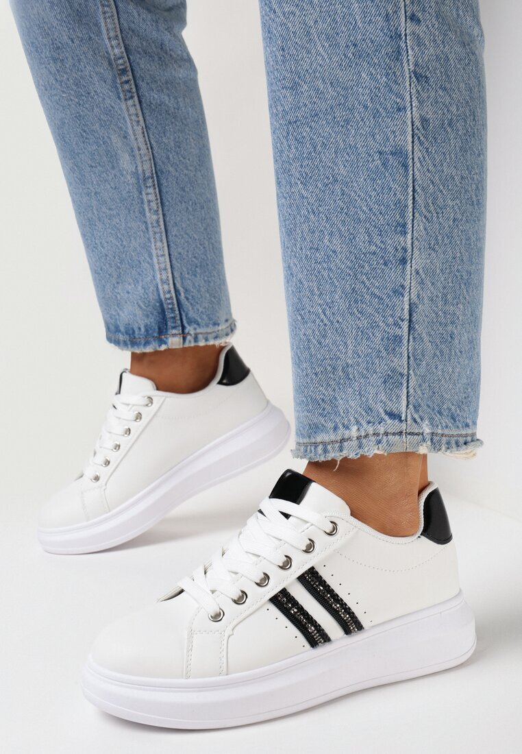  Sneakerși Alb-Negru cu Talpă Groasă cu Detalii Strălucitoare și Zirconii Elysiena