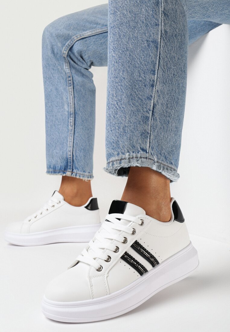  Sneakerși Alb-Negru cu Talpă Groasă cu Detalii Strălucitoare și Zirconii Elysiena