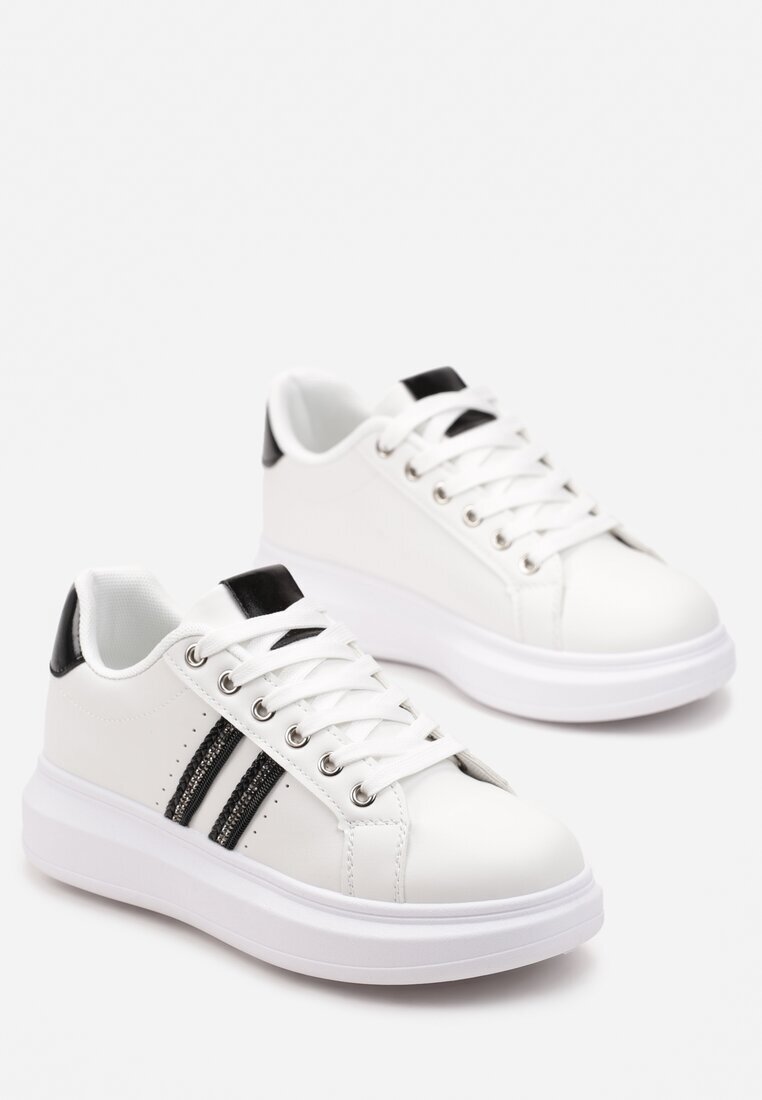  Sneakerși Alb-Negru cu Talpă Groasă cu Detalii Strălucitoare și Zirconii Elysiena