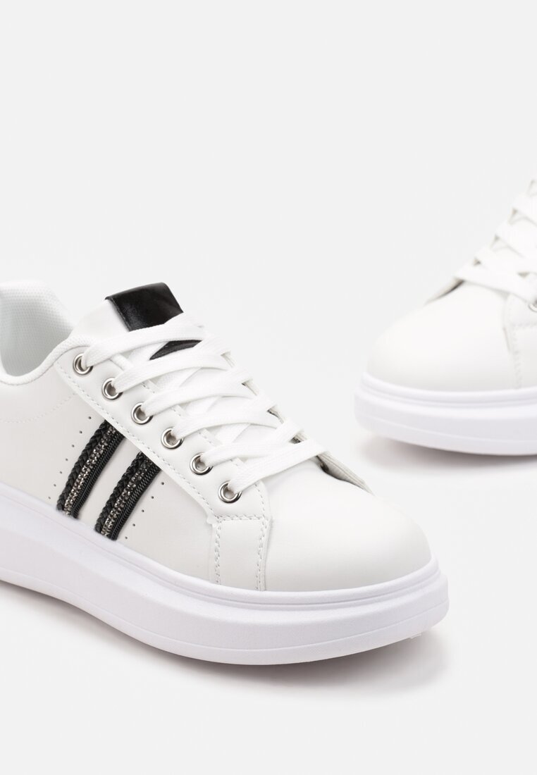  Sneakerși Alb-Negru cu Talpă Groasă cu Detalii Strălucitoare și Zirconii Elysiena