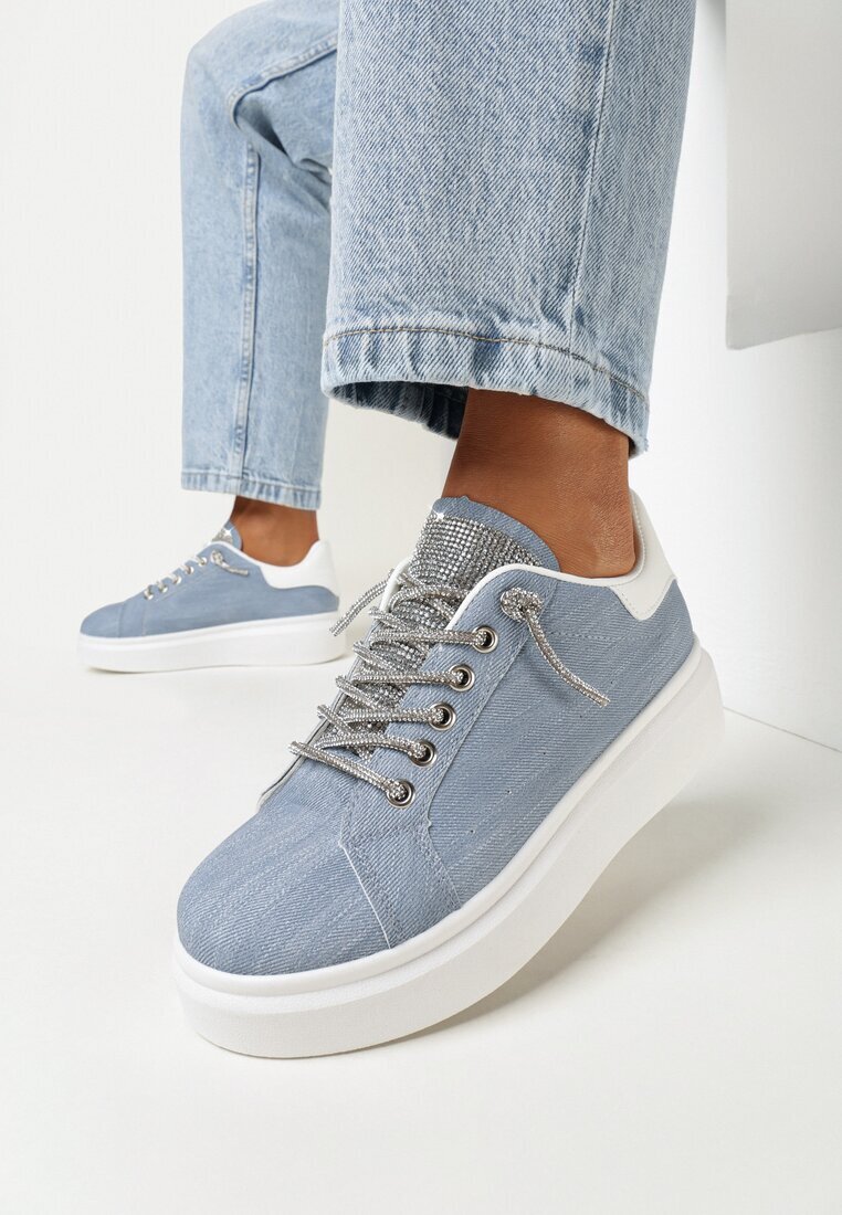  Sneakerși Albaștri cu șireturi cu talpă groasă decorați cu zirconii Samma