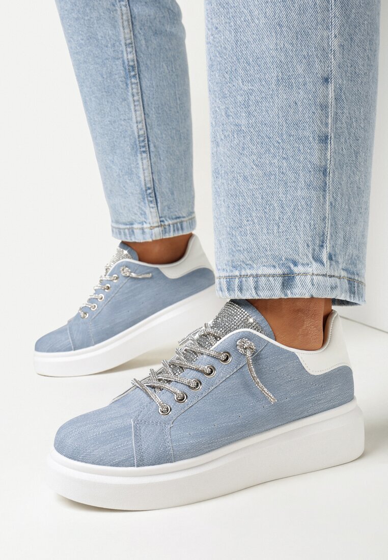  Sneakerși Albaștri cu șireturi cu talpă groasă decorați cu zirconii Samma