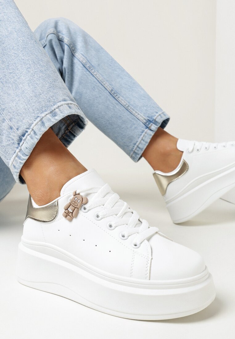  Sneakerși Albi-Aurii Cu șireturi cu platformă groasă cu carâmb sub gleznă Auture