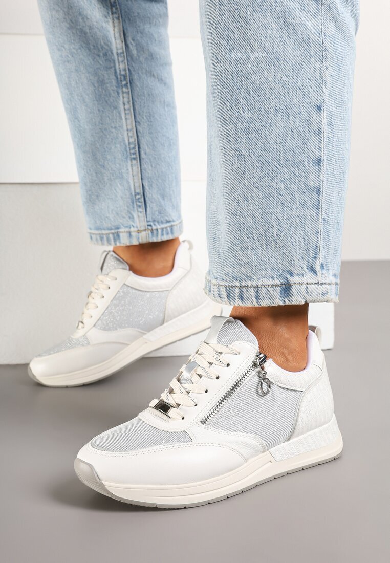  Sneakerși albi cu fermoar decorativ și branț din piele Hanviera