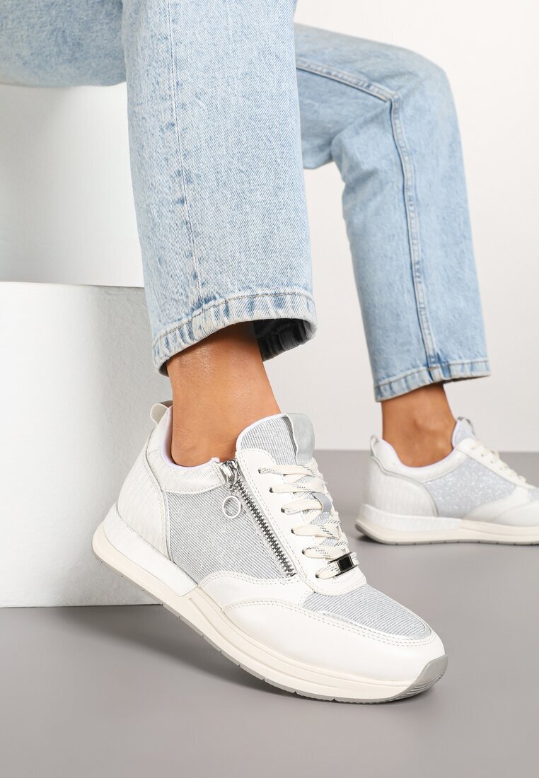  Sneakerși albi cu fermoar decorativ și branț din piele Hanviera