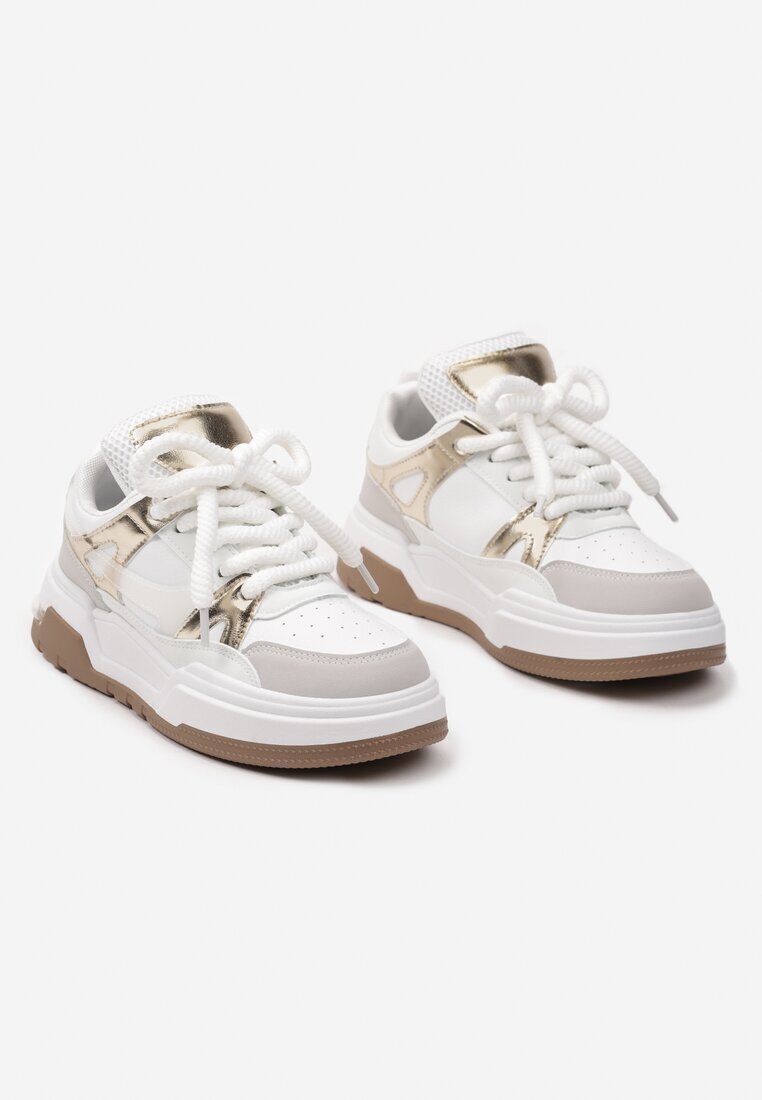  Sneakerși Albi și Aurii Clasici cu șireturi cu talpă plată cu inserție transparentă Famarie
