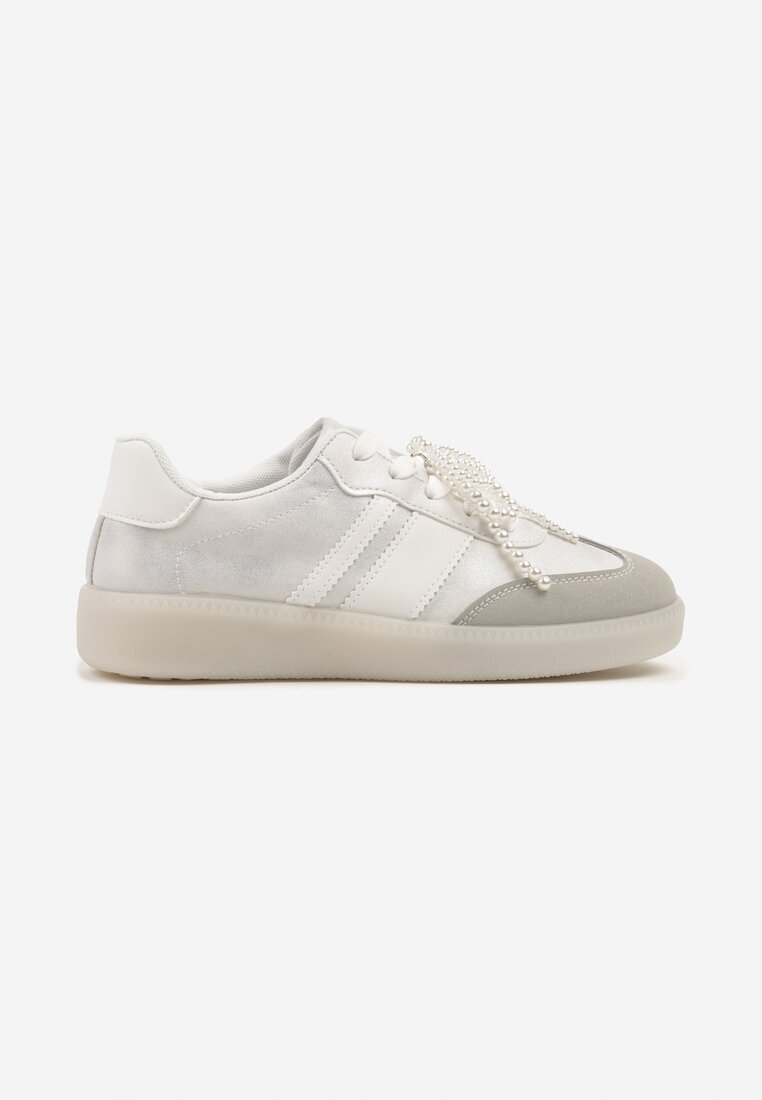  Sneakersi Argintii-Gri în Stilul Tenisilor Clasici cu Ornament Perlat Nalarie