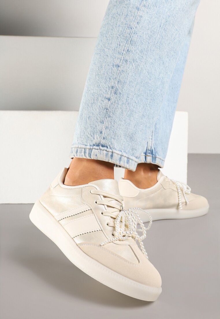  Sneakerși Bej în Stil de Adidași Clasici cu Ornamente de Perle Nalarie