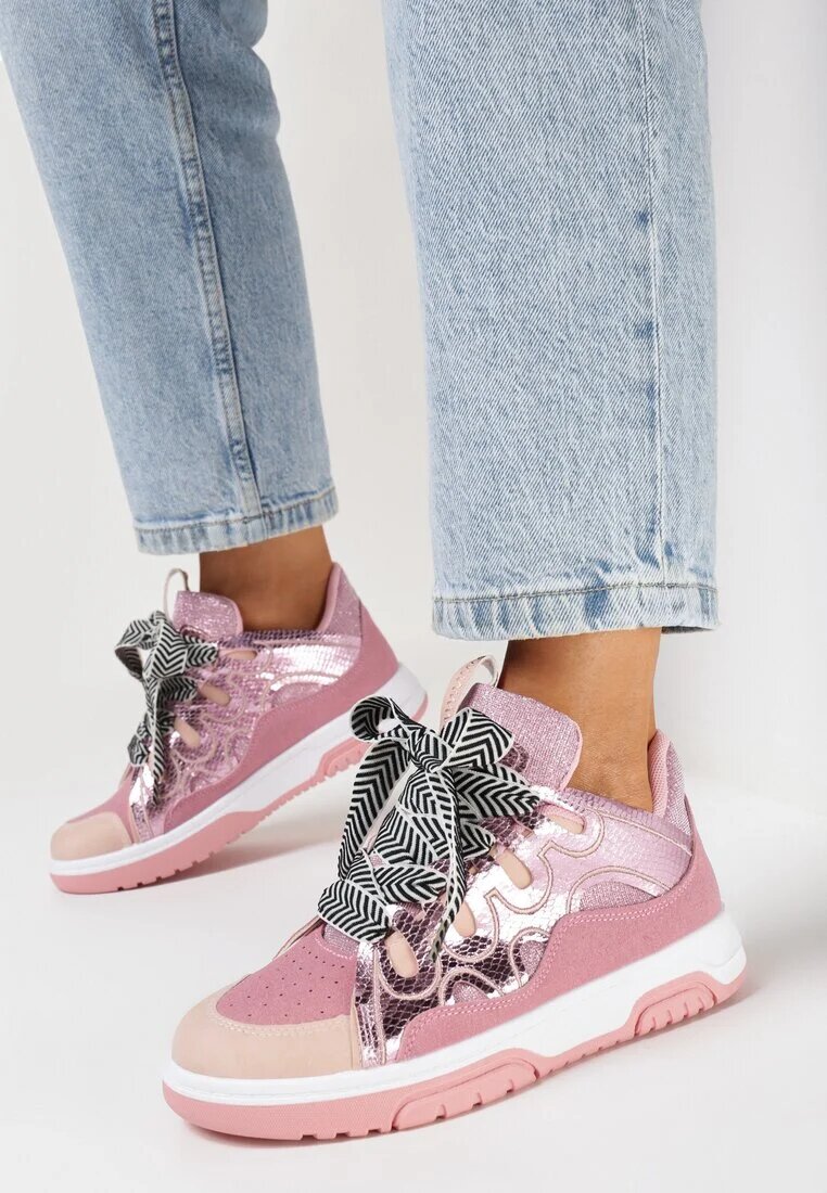  Sneakersi Roz cu Șireturi Decorative și Sclipici Nevesa