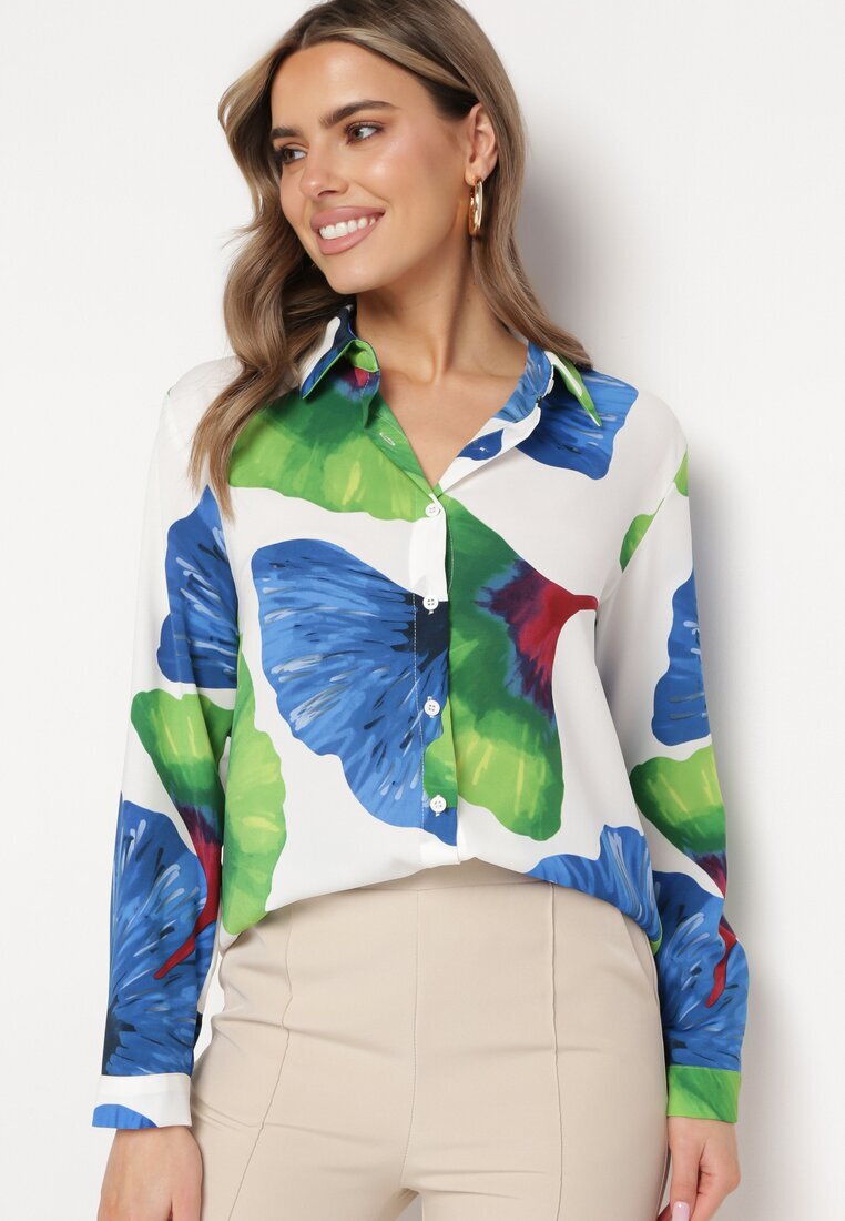 sophyline Cămașă Alb-Bleumarin cu Croială Clasică cu Model Floral Rubuselle