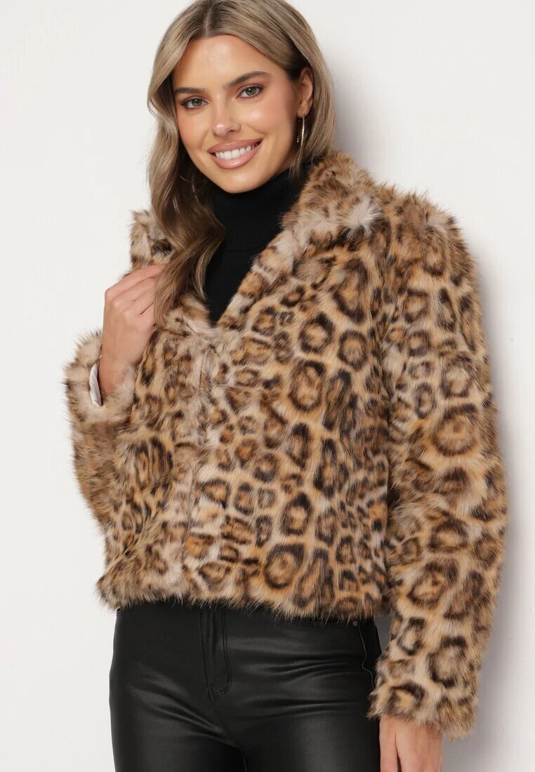 sophyline Geacă Maro de Blană artificială cu Vâscoză cu imprimeu leopard cu buzunare oblice Eltinnia