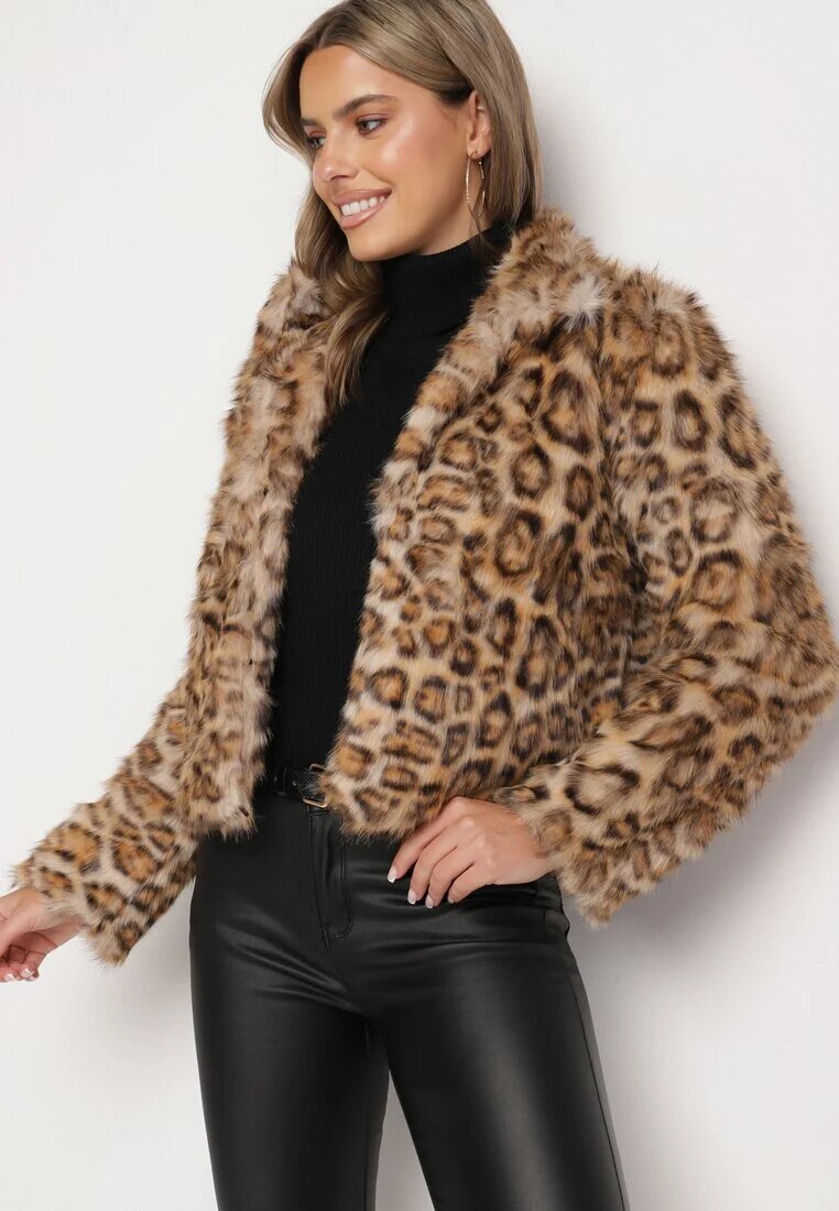 sophyline Geacă Maro de Blană artificială cu Vâscoză cu imprimeu leopard cu buzunare oblice Eltinnia