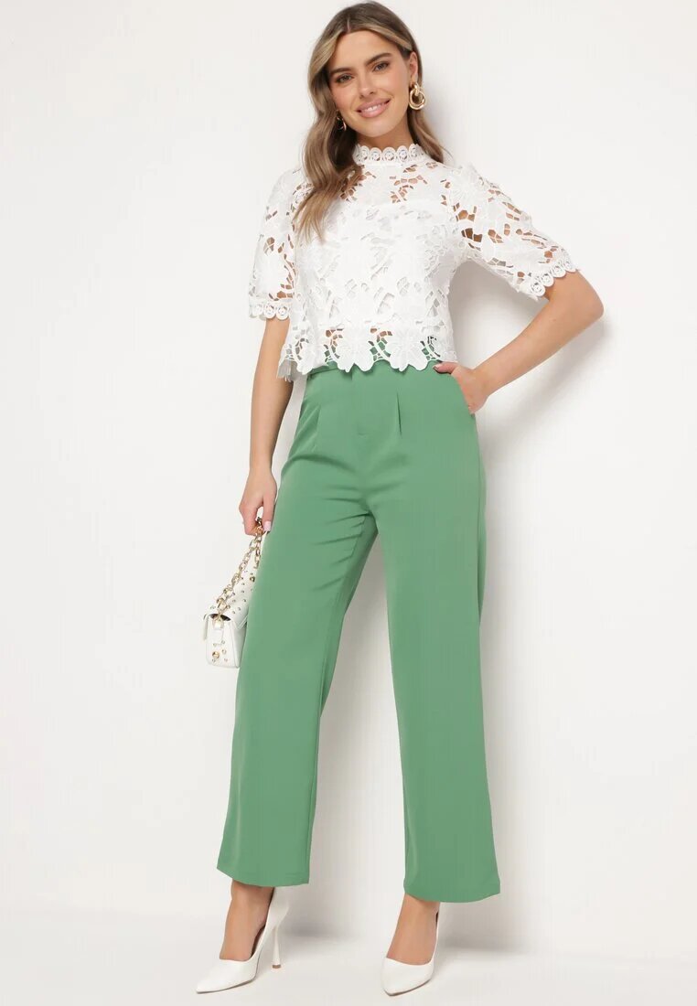 sophyline Pantaloni Verzi Eleganti Largi cu Talie Elastică și Fermoar Barcarola