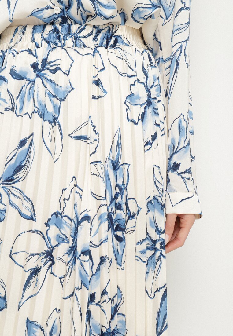 sophyline paris Fustă Alb-Albastră din Viscoză Decorată cu Pliuri și Model Floral Firavia