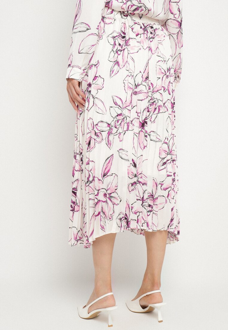 sophyline paris Fustă Alb-Fucsia cu vâscoză decorată cu pliuri și model floral Firavia
