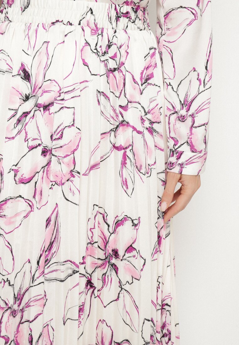 sophyline paris Fustă Alb-Fucsia cu vâscoză decorată cu pliuri și model floral Firavia