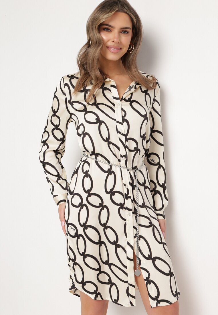 sophyline paris Rochie Bej deschis cu model geometric din material satinat cu lănțișor metalic Nastar
