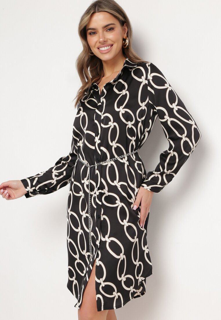 sophyline paris Rochie Neagră cu Model Geometric din Material Satinat cu Lanț Metalic Nastar