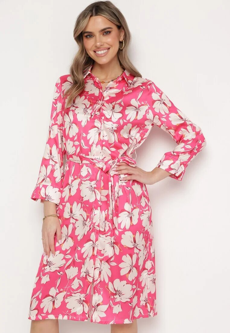 sophyline paris Rochie tip cămașă Fucsia cu nasturi și cordon din material în talie Blinesta