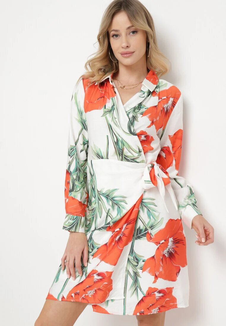 sophyline Rochie Alb-Roșie Petrecută Florală cu cordon în talie și mânecă lungă Iarneli