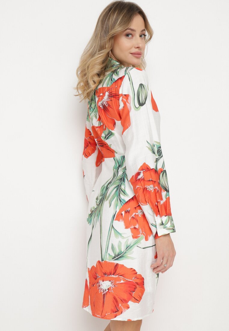 sophyline Rochie Alb-Roșie Petrecută Florală cu cordon în talie și mânecă lungă Iarneli