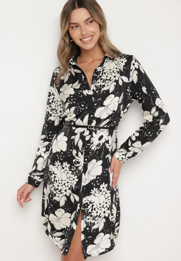 sophyline Rochie Cămașă Neagră cu Vâscoză cu Imprimeu Floral cu Curea Suplimentară Ninira