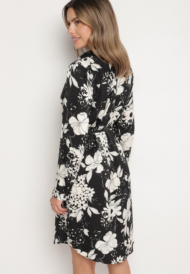 sophyline Rochie Cămașă Neagră cu Vâscoză cu Imprimeu Floral cu Curea Suplimentară Ninira