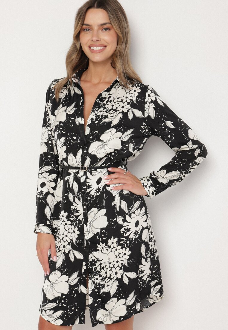 sophyline Rochie Cămașă Neagră cu Vâscoză cu Imprimeu Floral cu Curea Suplimentară Ninira