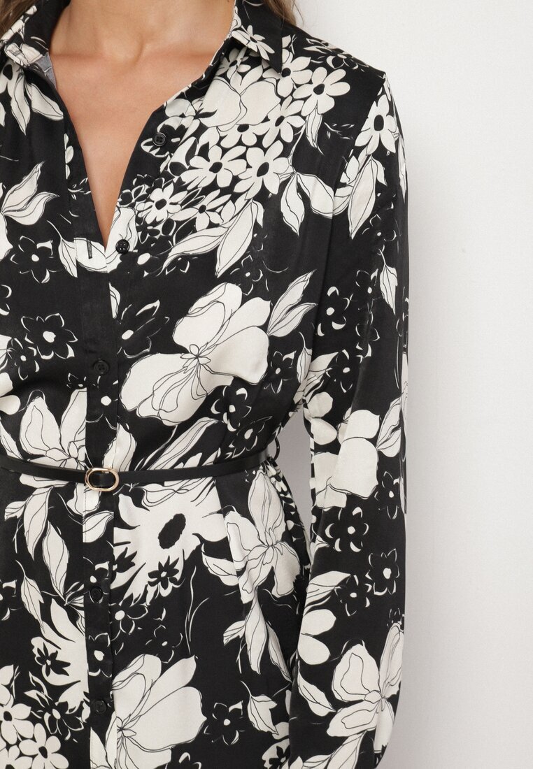 sophyline Rochie Cămașă Neagră cu Vâscoză cu Imprimeu Floral cu Curea Suplimentară Ninira